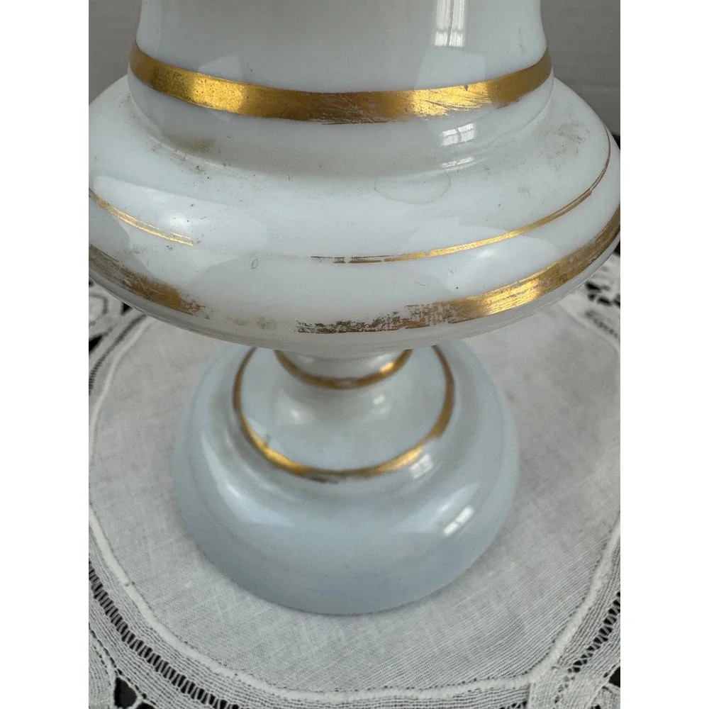 Antique 19thC Bohemian French Opaline Milk Glass Footed Vase Hand Painted Floral